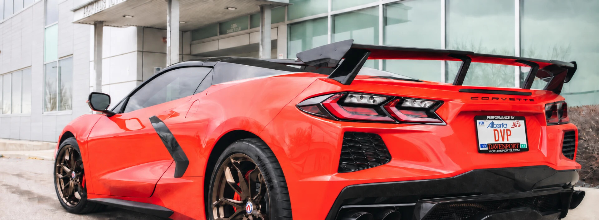 Red Corvette at Davenport Motorsports shop in Calgary, AB